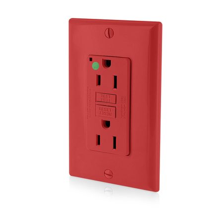 LEVITON GFCI Receptacle, 15A, 125Vac, 5-15R, Red GFNT1-HGR